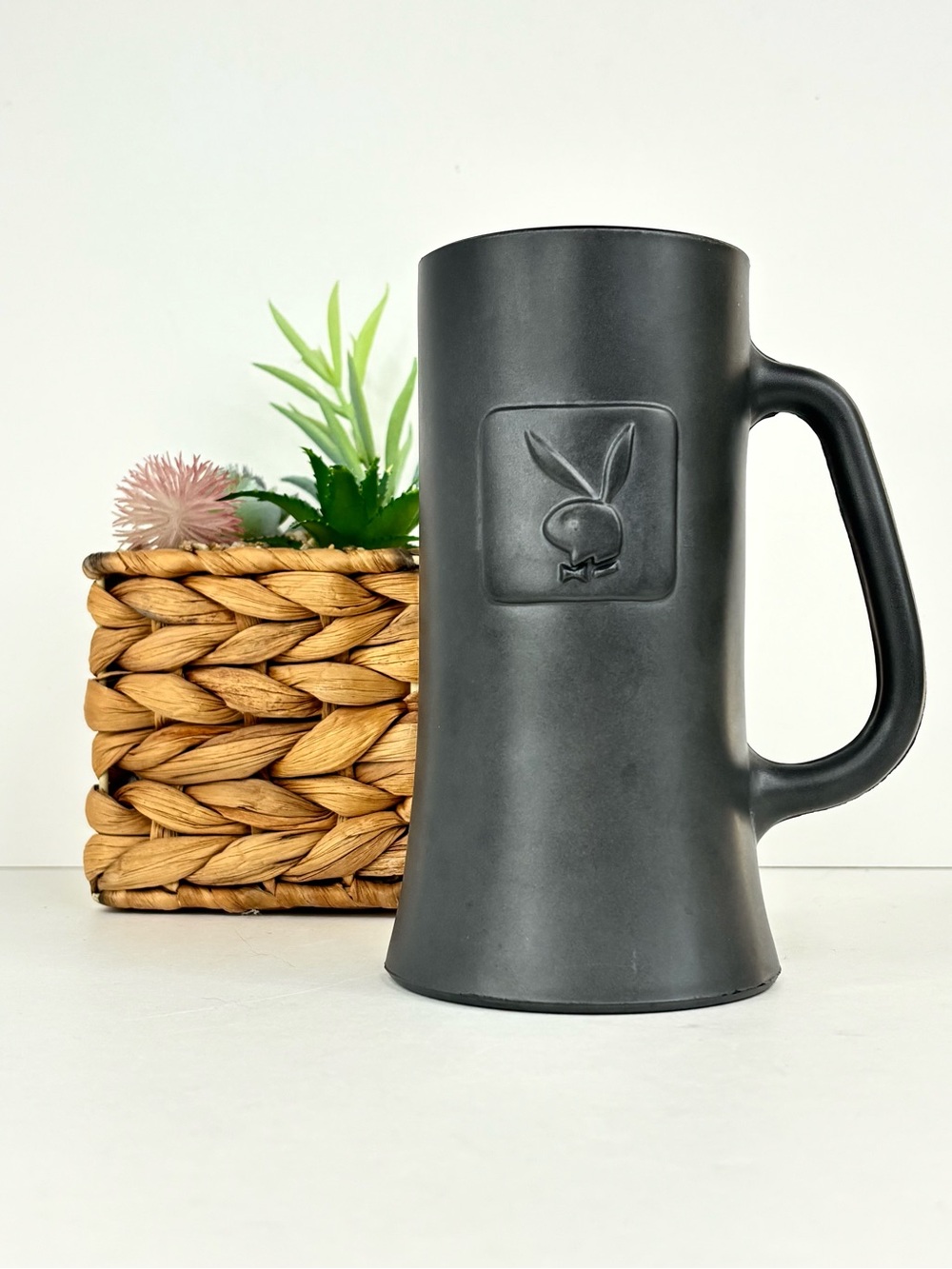 VTG PLAYBOY Club 1970’s Matte Gunmetal & Glass Beer Stein Mug Embossed Bunny